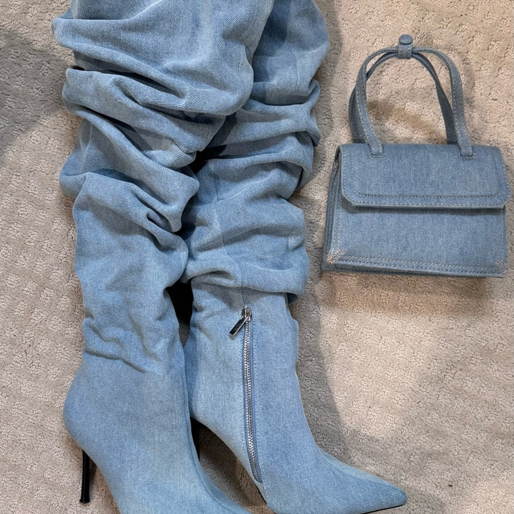 Zara Light Blue Over the Knee Boots + Mini Bag Combo
